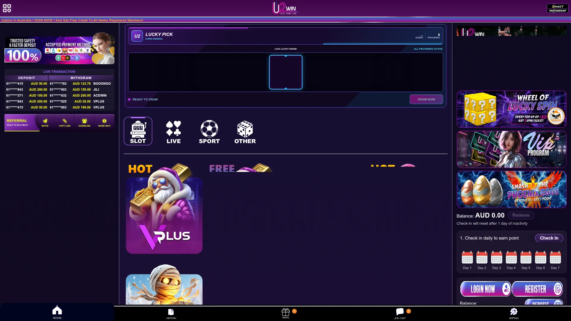 U2win Casino desktop interface with casino account and promotional features