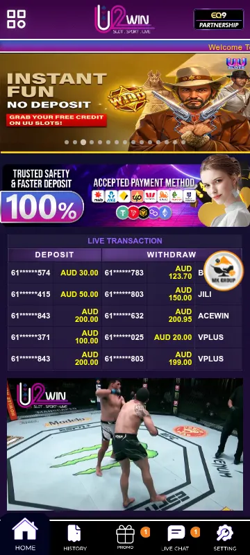 U2win Casino mobile browser interface with Home, History, Promo, Live Chat and Settings navigation